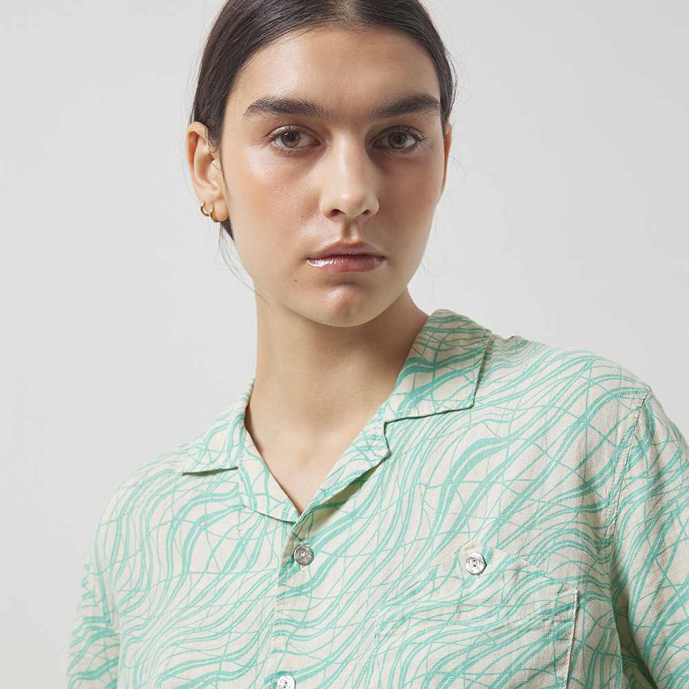 Lightweight seafoam green and off-white printed 100% linen long-sleeve shirt with a boxy fit.