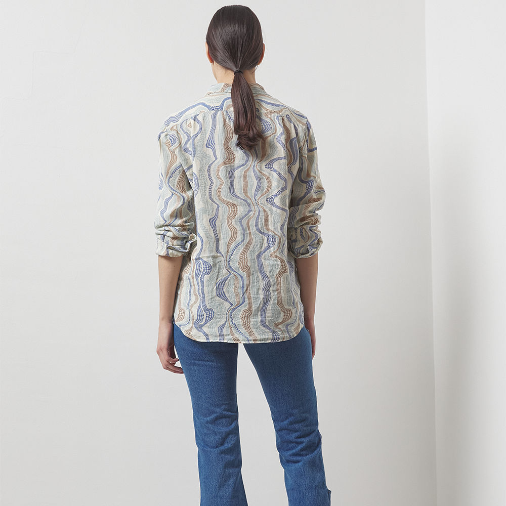 Lightweight sand, blue and butter cream printed 100% linen long-sleeve shirt with a boxy fit. 