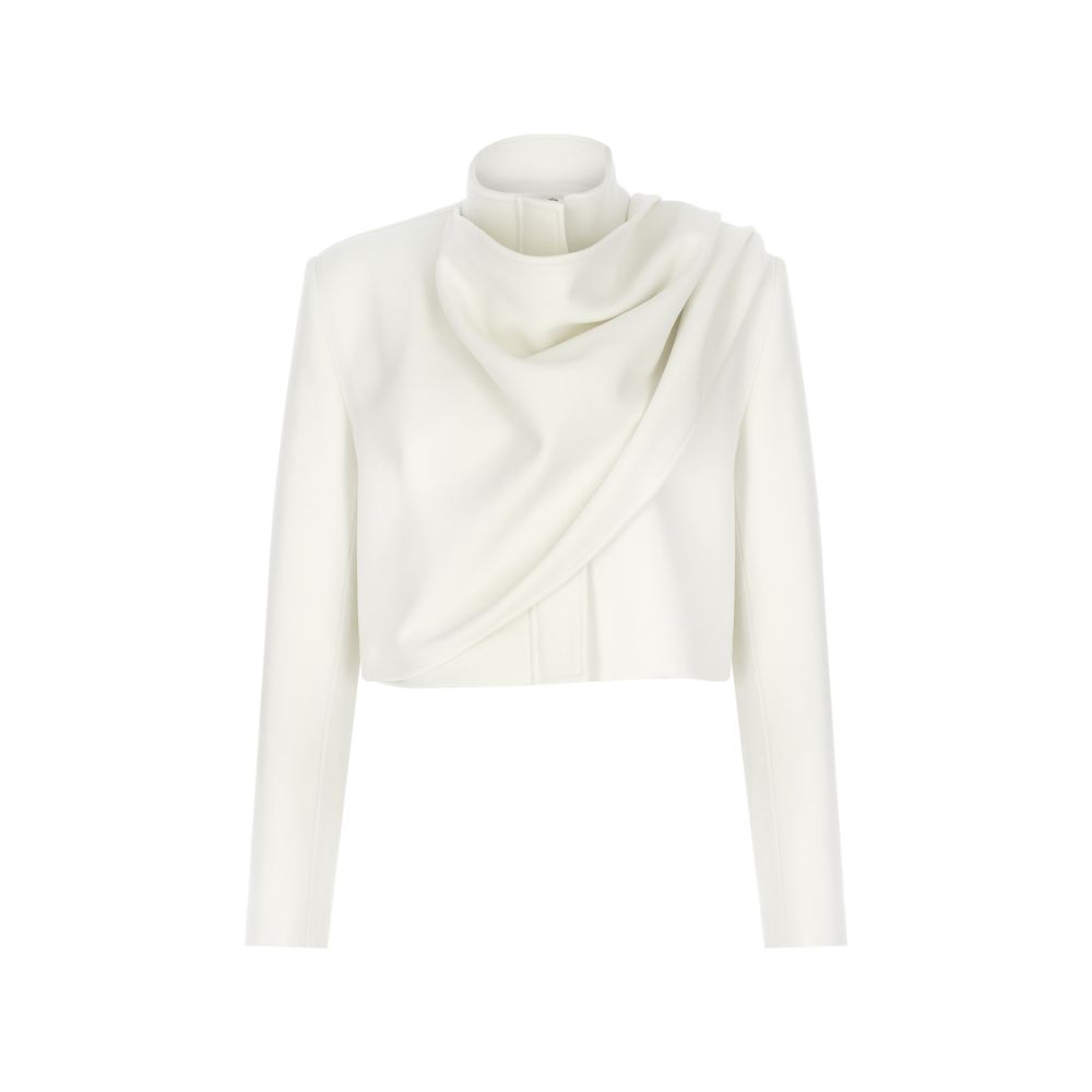 Ecru Scarf-Detailed Cachet Short Coat.  32% VIS /66% POLYESTER / 2% LYCRA.