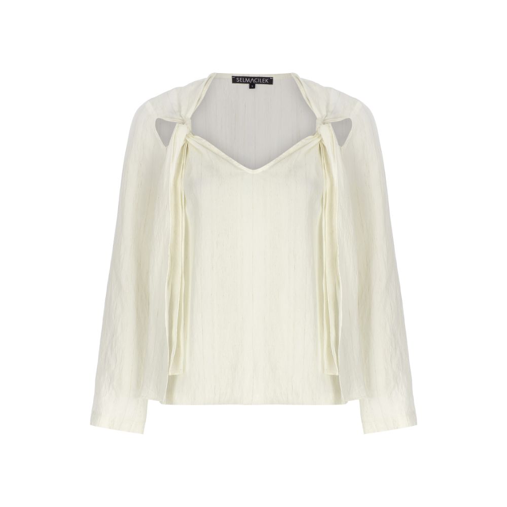 Ecru V-Neck Tie-Detailed Blouse. 81% VIS /16% PA / 3% LI.