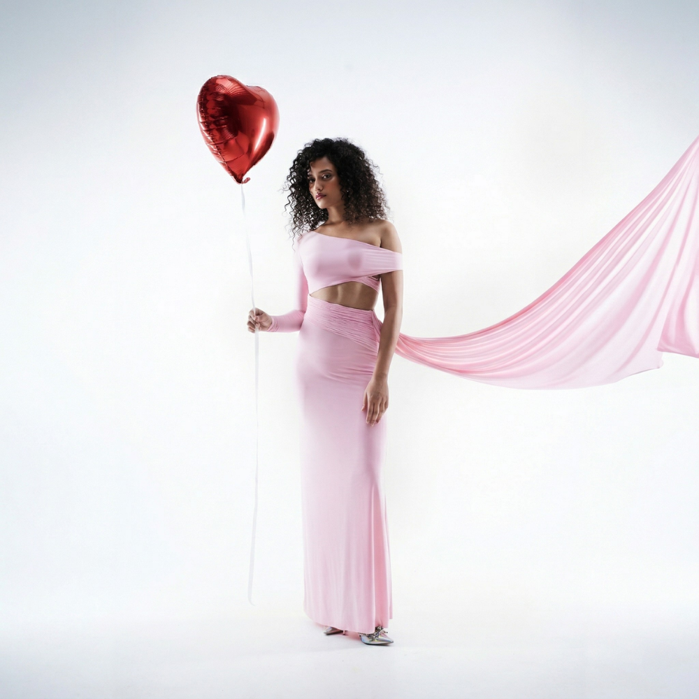 Pink one shoulder lycra dress with draped fit and flowy hem, perfect for brunch and events. Shop online from our exclusive collection of premium styles.