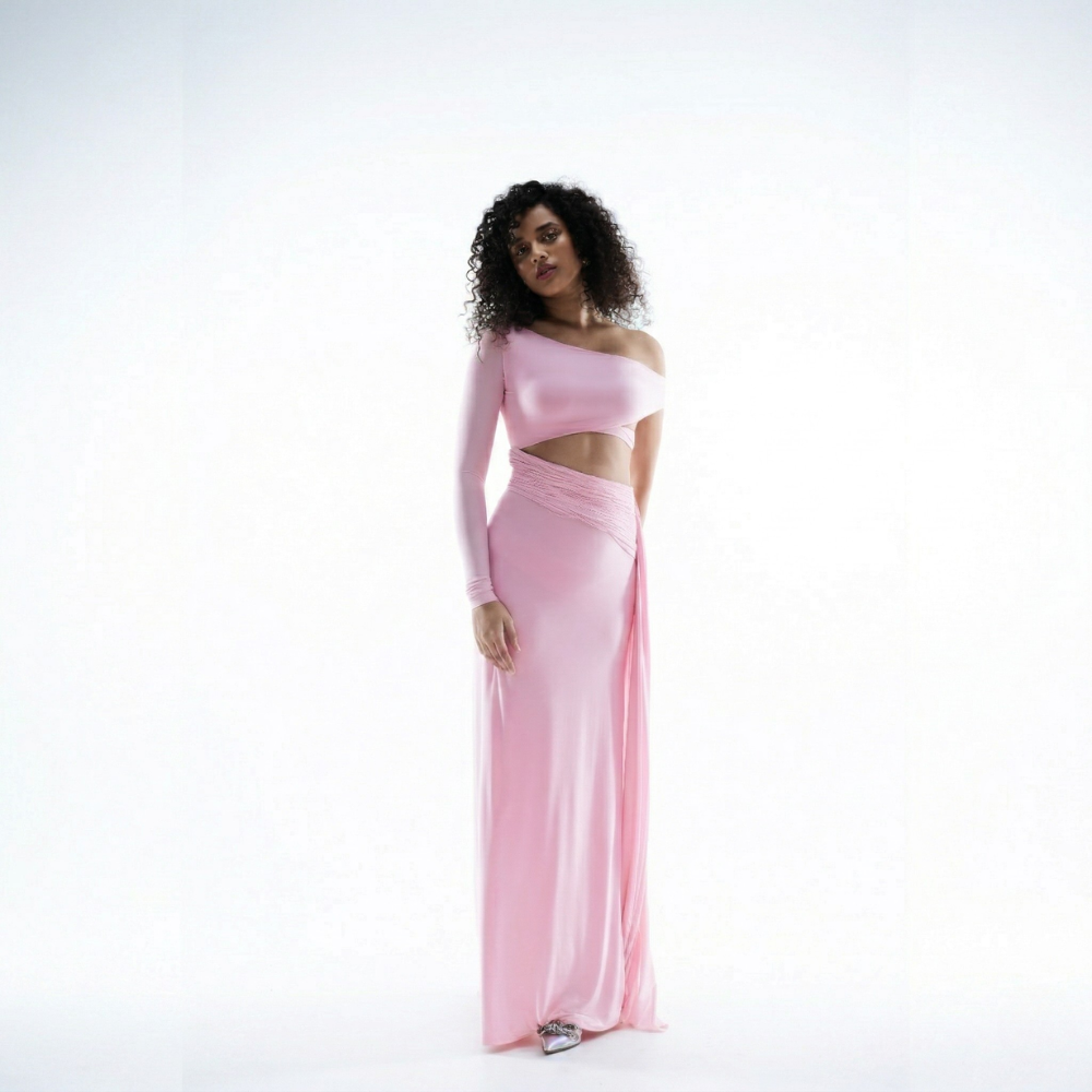 Pink one shoulder lycra dress with draped fit and flowy hem, perfect for brunch and events. Shop online from our exclusive collection of premium styles.