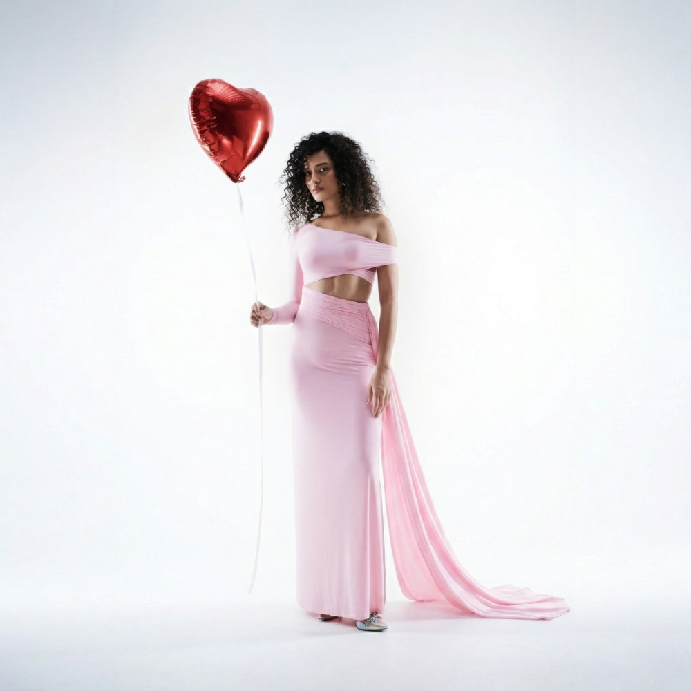 Pink one shoulder lycra dress with draped fit and flowy hem, perfect for brunch and events. Shop online from our exclusive collection of premium styles.