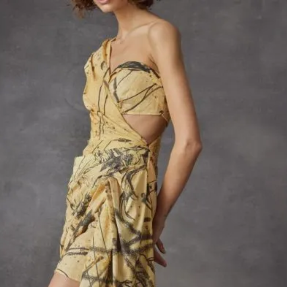 Yellow Linen Blend Chiffon Silk Ruffled Dress From Leo And Lin, Featuring A Deep V-neck, A Rear Zip Fastening.