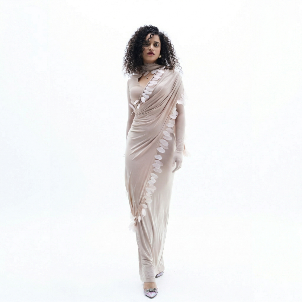 Feather maxi dress with draped shoulder and A-line fit, perfect for brunch and events. Shop online from our exclusive collection of premium styles.