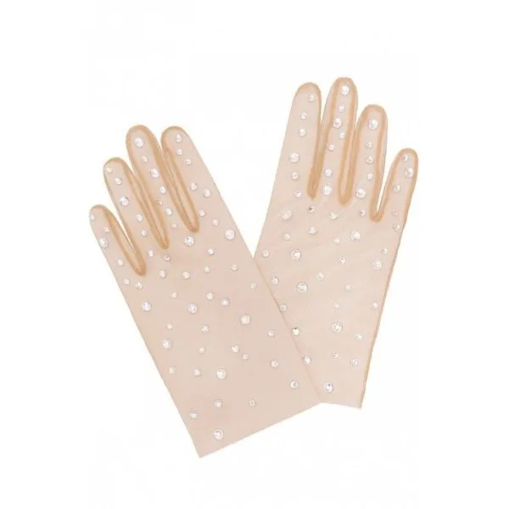 Beige gloves from stretch net with big crystals.