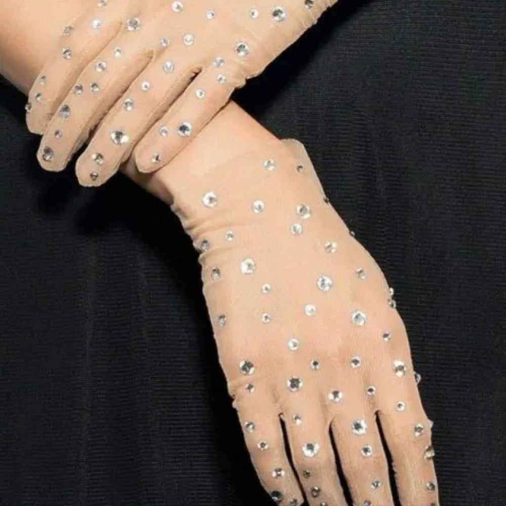 Beige gloves from stretch net with big crystals.
