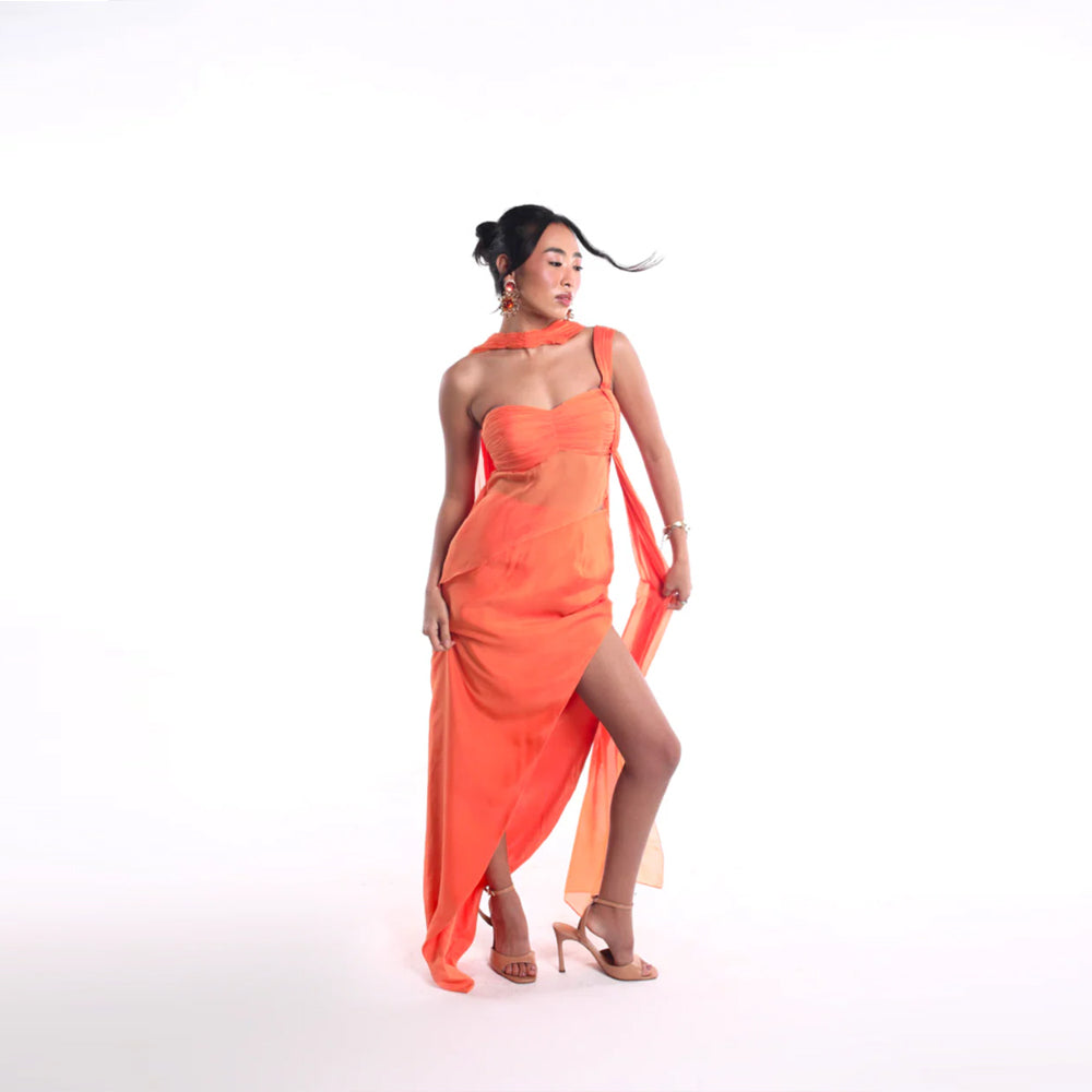 Sheer set with sweetheart top, drape and slit, perfect for events. Shop online from our curated edit of premium fashion.