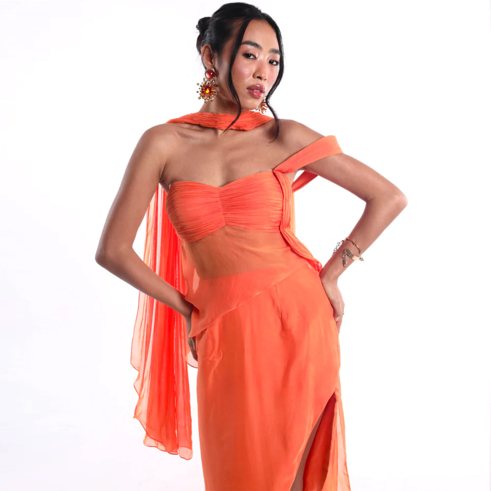 Sheer set with sweetheart top, drape and slit, perfect for events. Shop online from our curated edit of premium fashion.