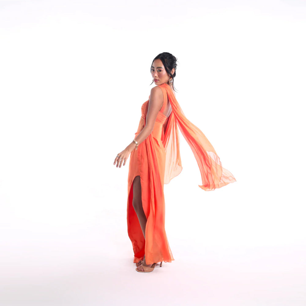 Sheer set with sweetheart top, drape and slit, perfect for events. Shop online from our curated edit of premium fashion.