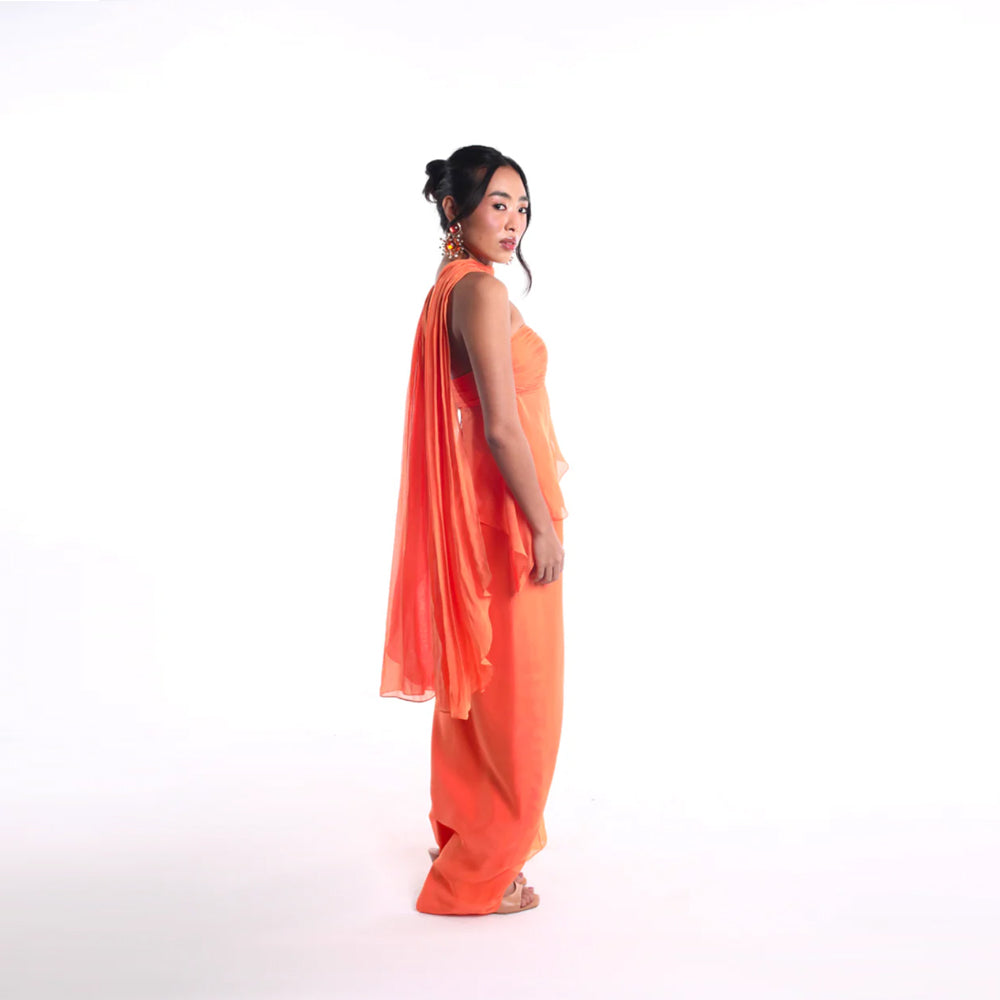 Sheer set with sweetheart top, drape and slit, perfect for events. Shop online from our curated edit of premium fashion.