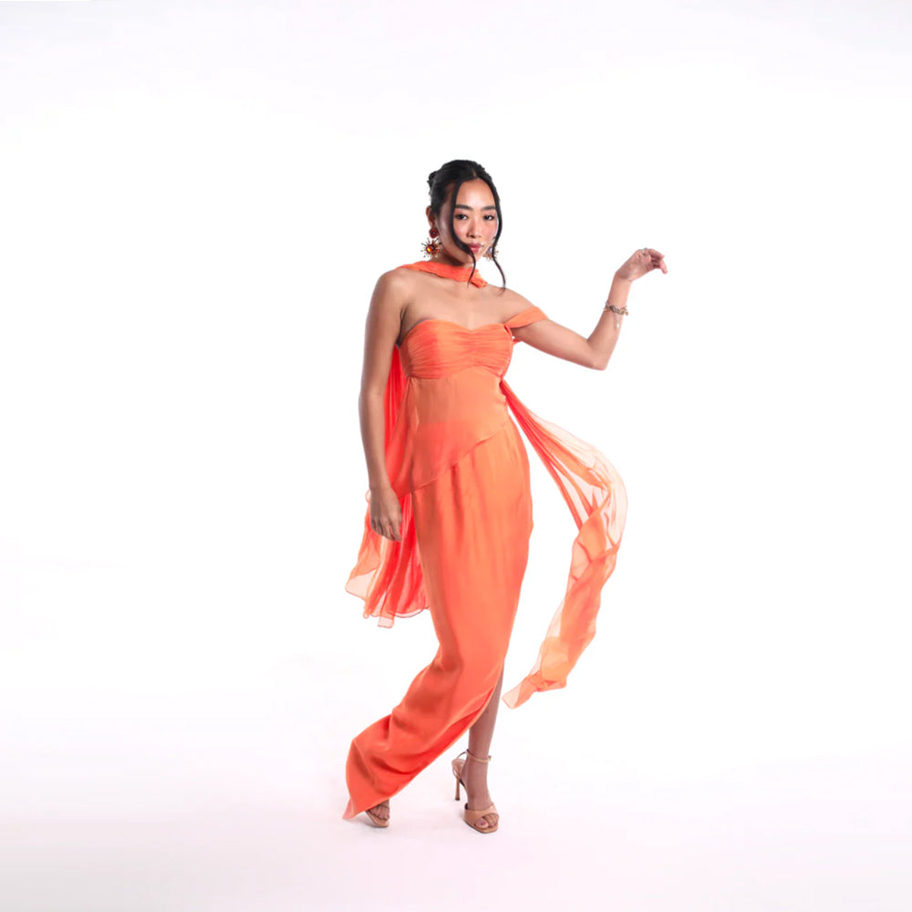 Sheer set with sweetheart top, drape and slit, perfect for events. Shop online from our curated edit of premium fashion.