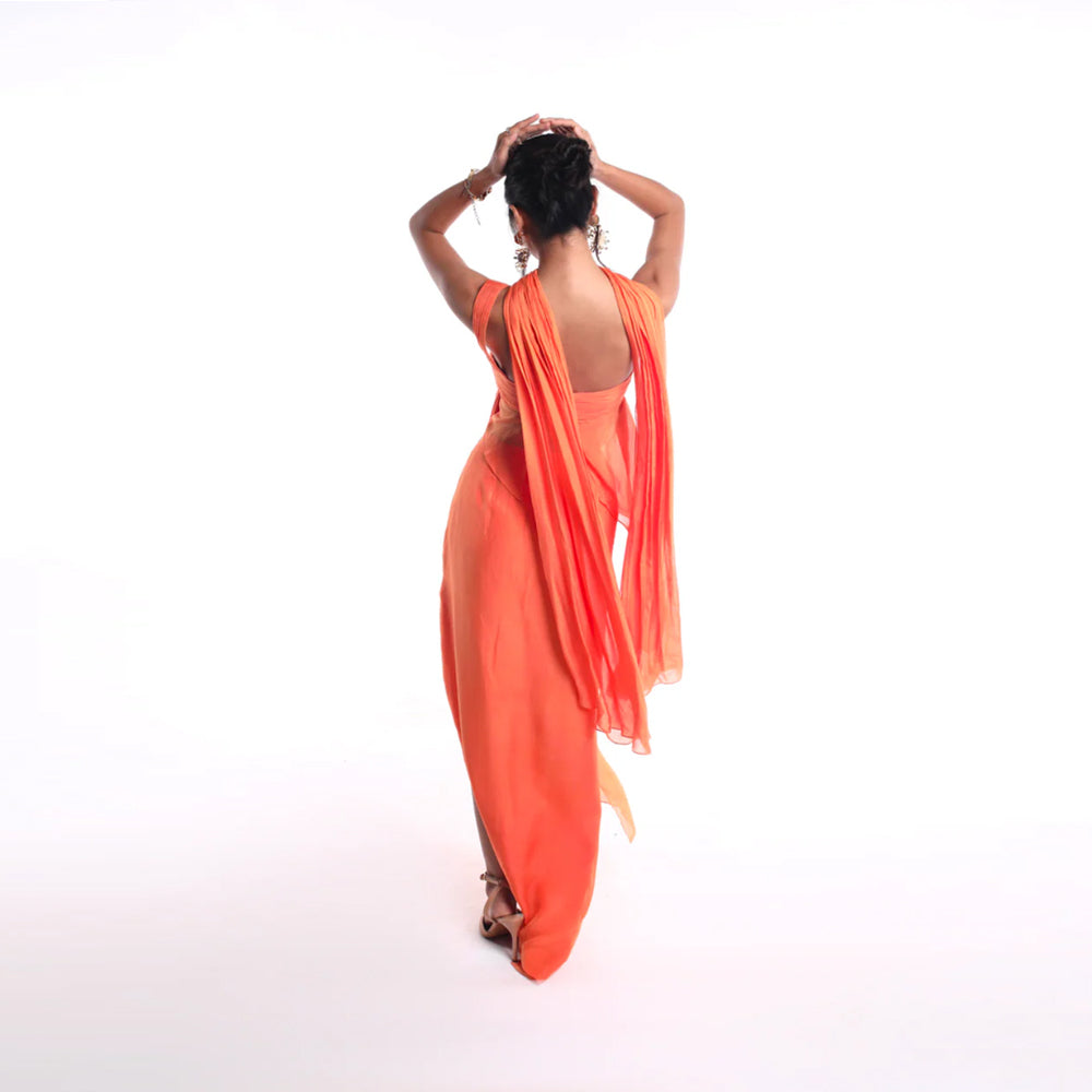 Sheer set with sweetheart top, drape and slit, perfect for events. Shop online from our curated edit of premium fashion.