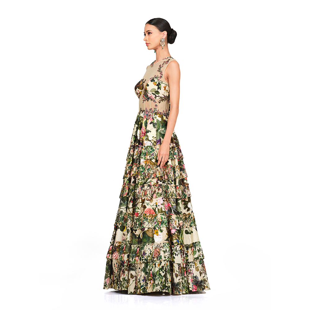 Net embroidered bodice l Floral print gown l Centre back zip closure l Frill bottom.