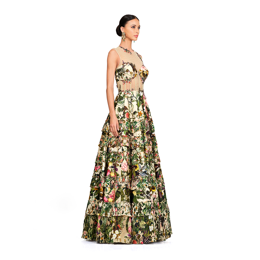 Net embroidered bodice l Floral print gown l Centre back zip closure l Frill bottom.