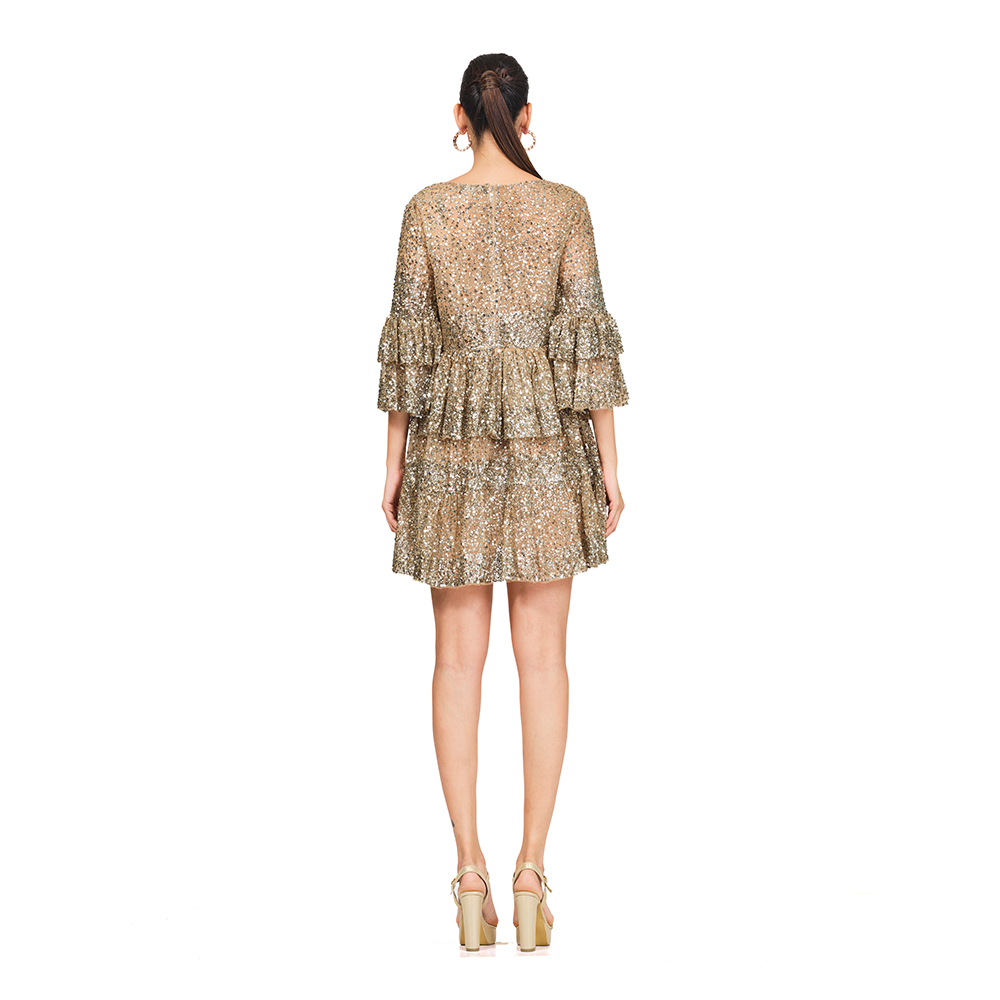 Intricate embroidered dress l Sequin embroidery on net l Layered frills detailing.