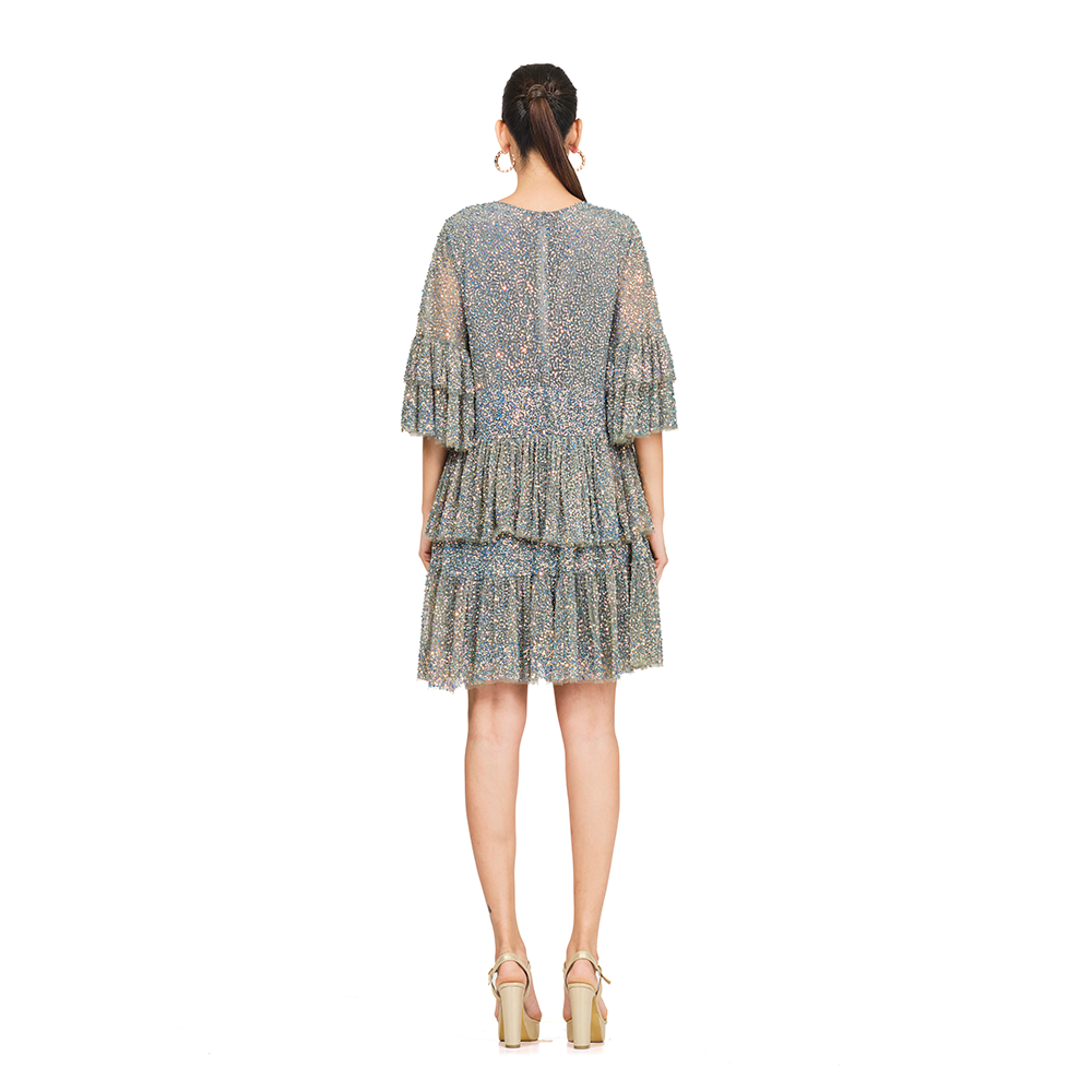 Intricate embroidered dress l Sequin embroidery on net l Layered frills detailing.