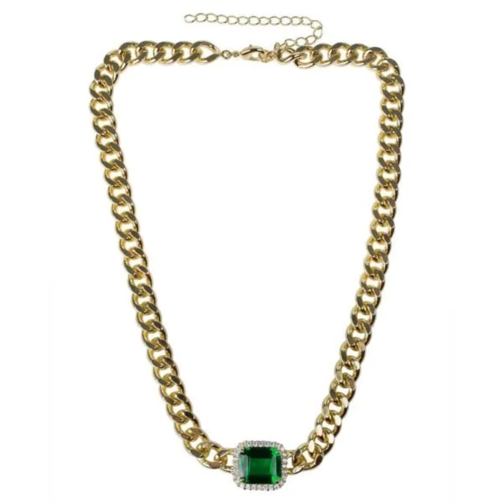10 CTTW Emerald Cubic Zirconia and pave CZ trim chunky chain necklace. Lobster clasp closure. Set in 18k gold plated brass.