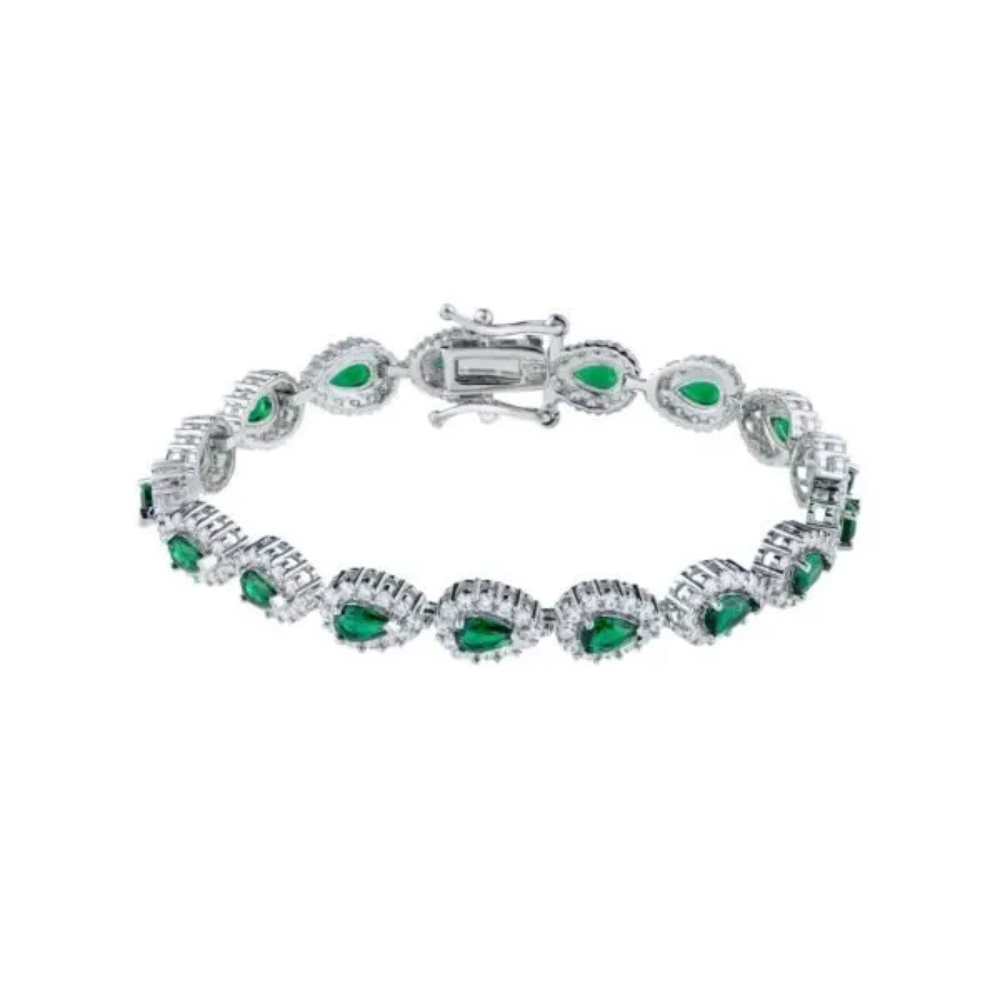 8 CTTW Pear Emerald Cubic Zirconia with pave halo. Box clasp closure. Set in rhodium plated brass.