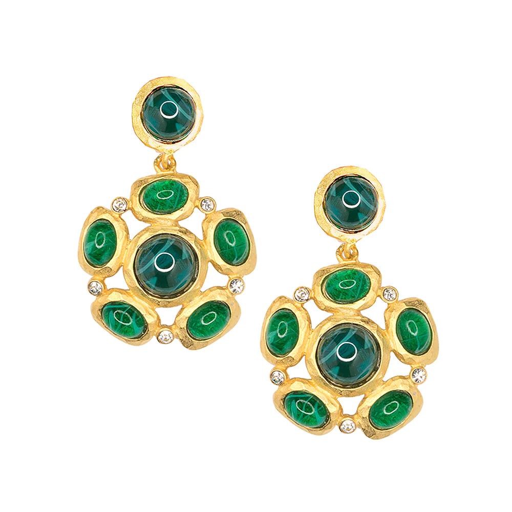 Hammered satin gold pierced earring with emerald cabochon clusters and clear crystal accents.