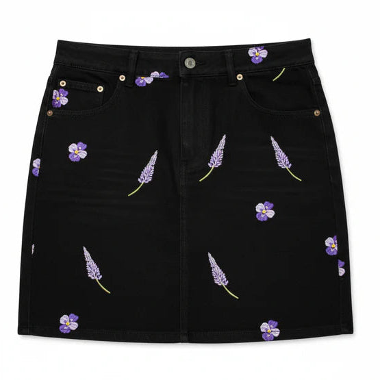 High-waisted embroidered denim skirt. Shop exclusive premium designer styles online.
