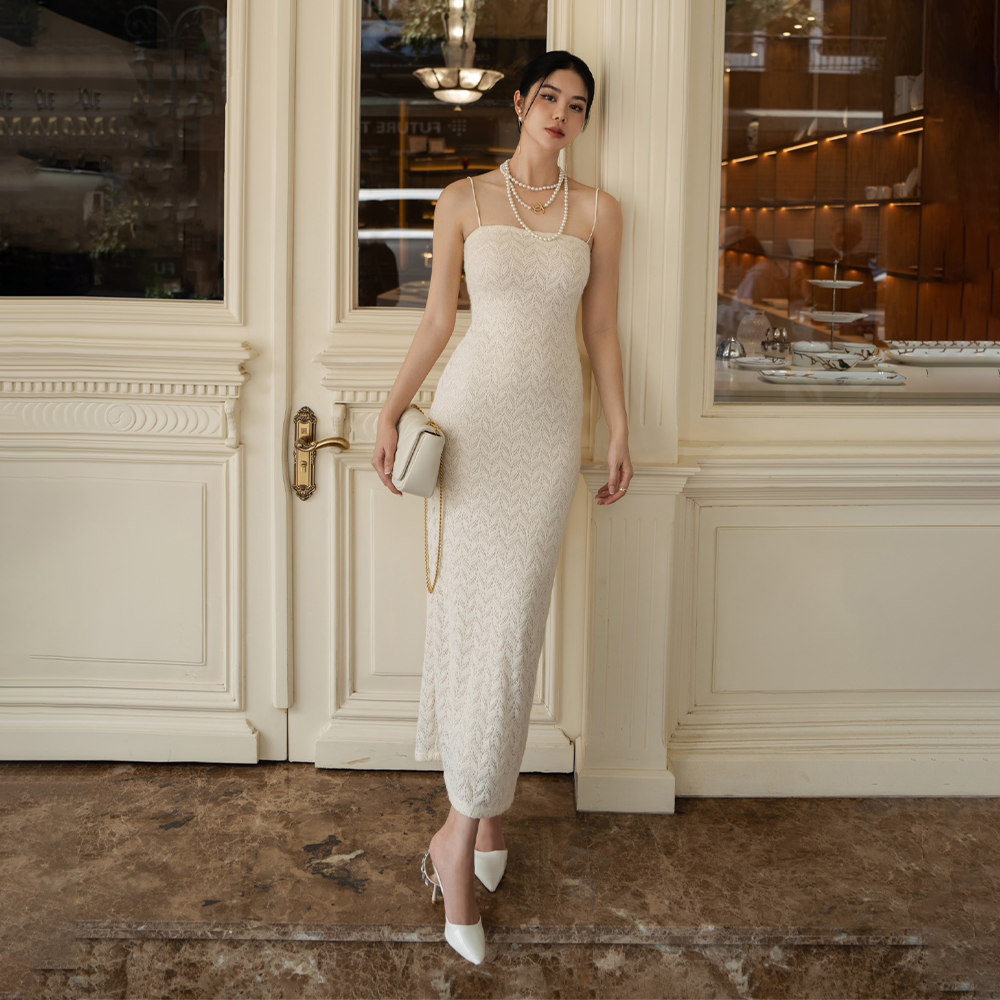Verona midi-dress featuring cream, cotton blend, knitted construction, adjustable shoulder straps and ankle-length.