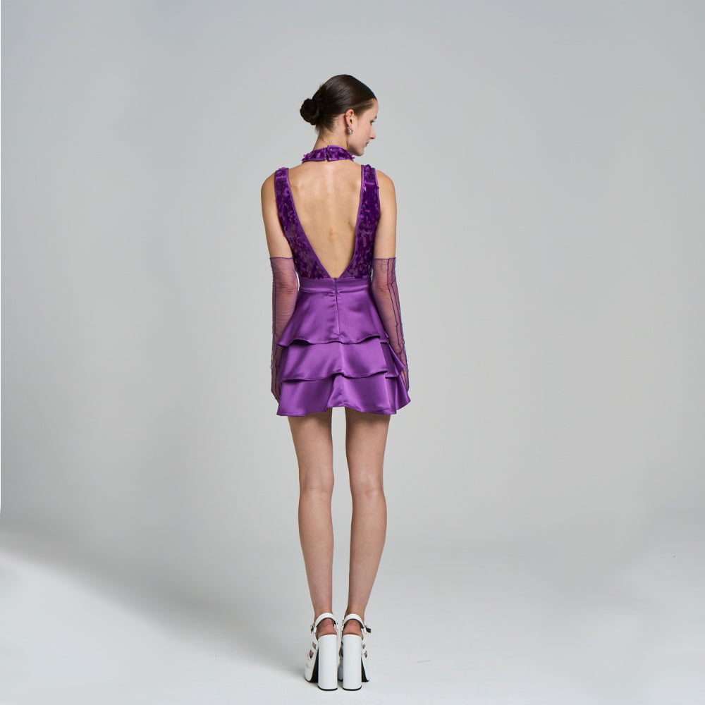 Mini Evening Dress .Sequined .Italian Satin fabric .Low back .Asymmetrical pattern .Flywheel and cut-out detail .