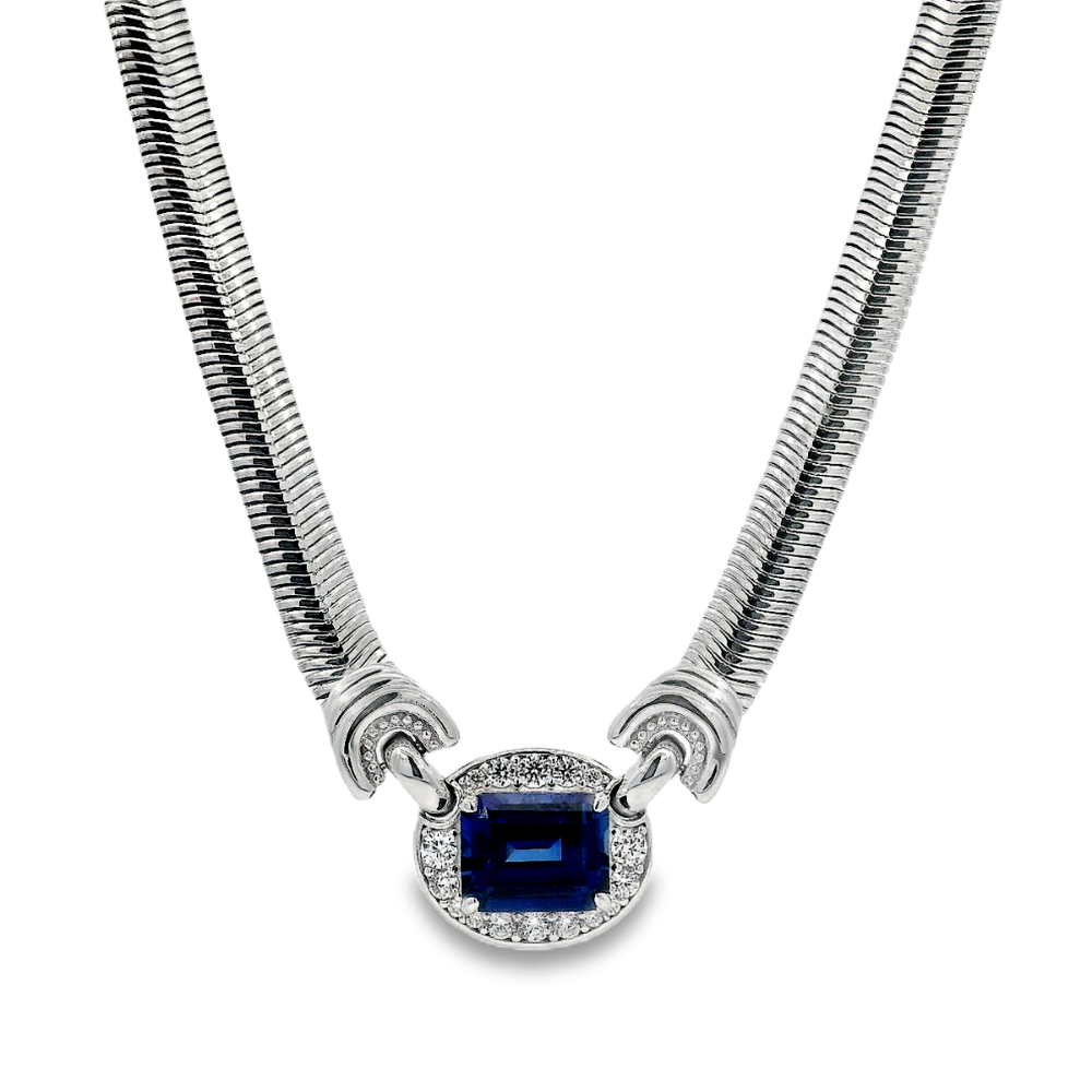 Shop online premium sterling silver blue sapphire necklace with sparkling cubic zirconia stones.