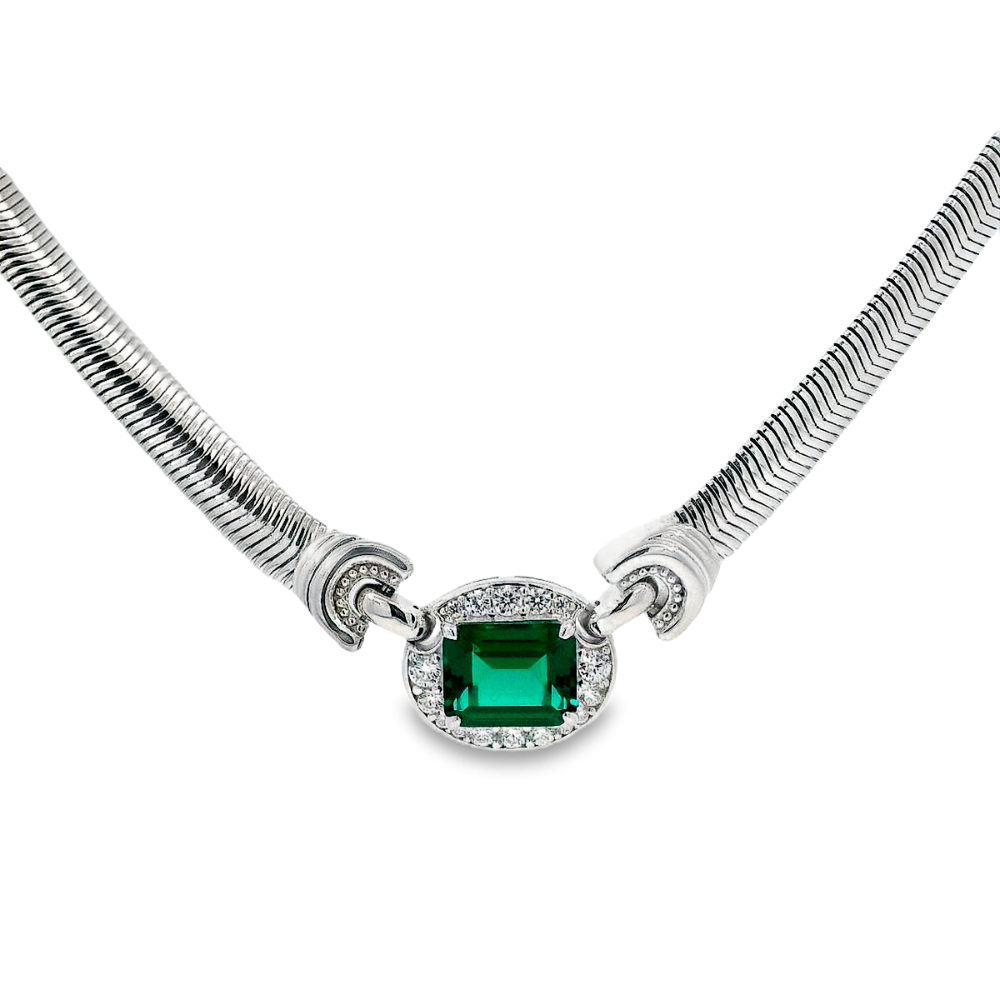 Shop online premium sterling silver emerald necklace with sparkling cubic zirconia stones.