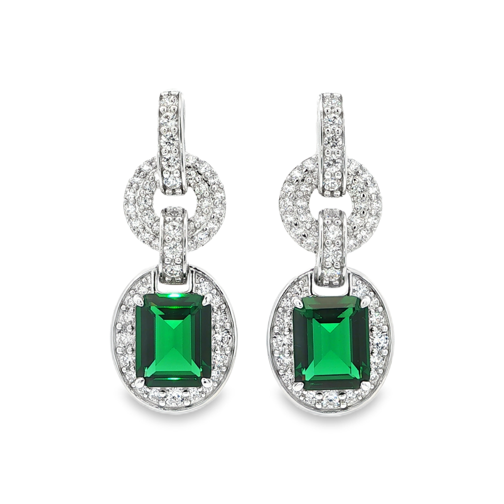 Shop online premium sterling silver emerald cut earrings with nano sital and sparkling cubic zirconia stones.