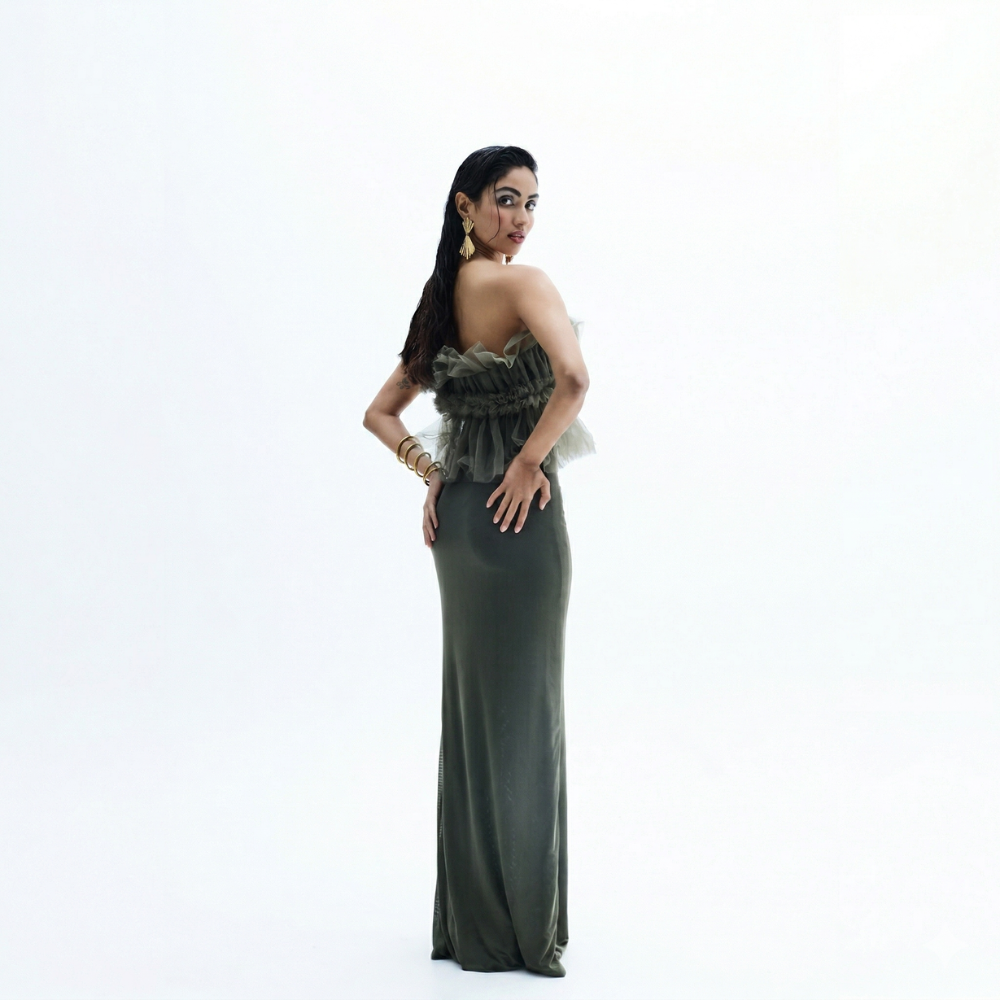 Ruffle bustier gown with sleek silhouette, perfect for parties and occasions. Shop online from our exclusive collection of premium styles.