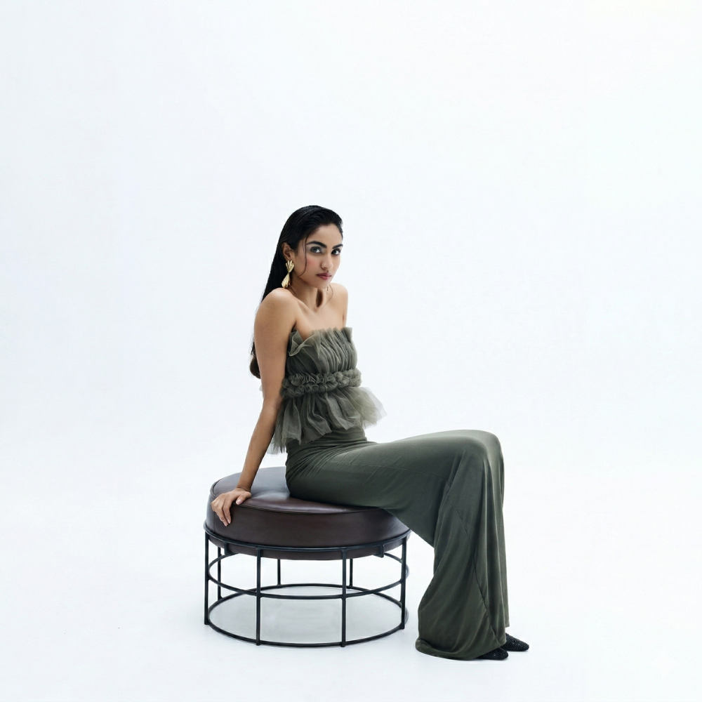 Ruffle bustier gown with sleek silhouette, perfect for parties and occasions. Shop online from our exclusive collection of premium styles.