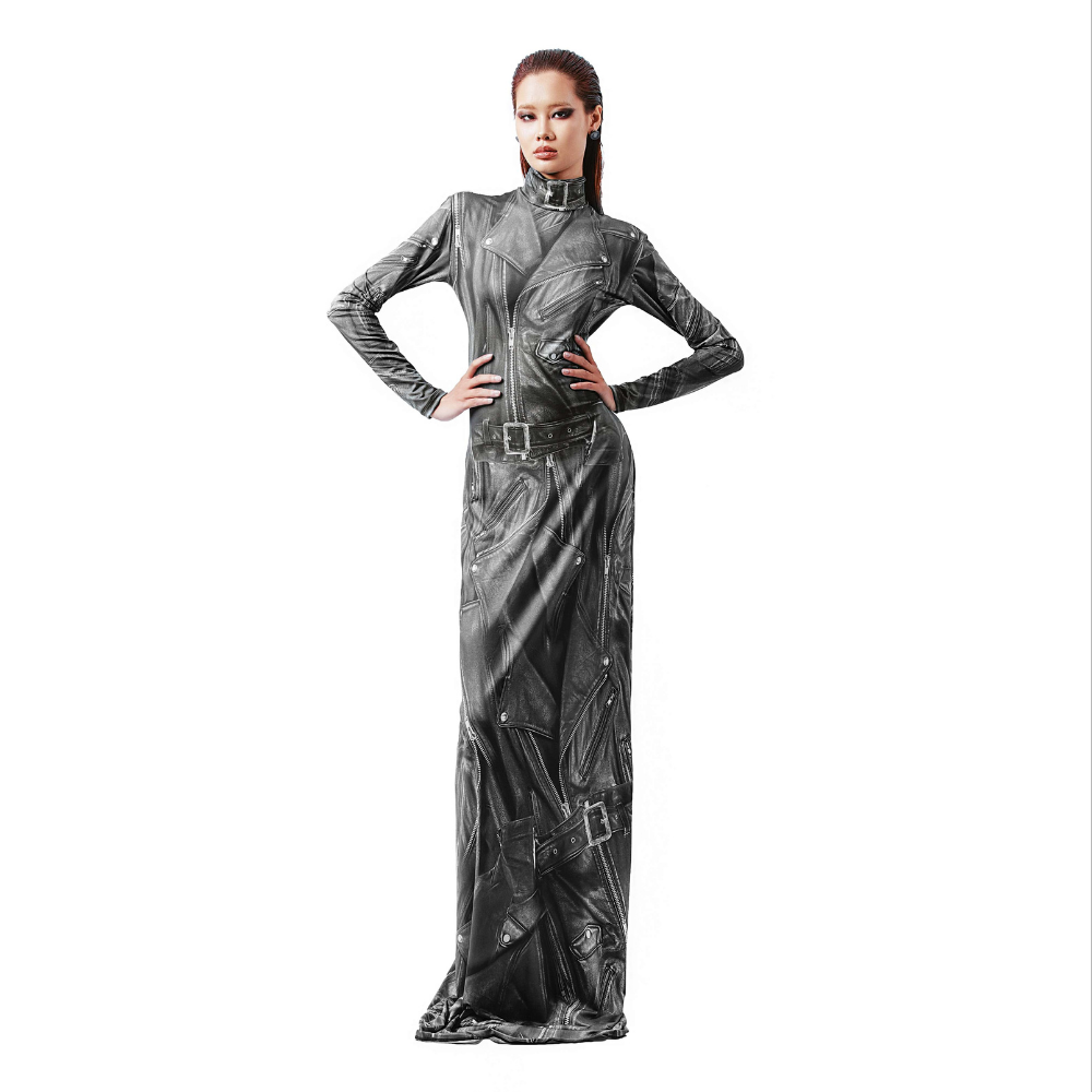 A high-neck, long-sleeved dress made of polyester featuring a form-fitting silhouette.