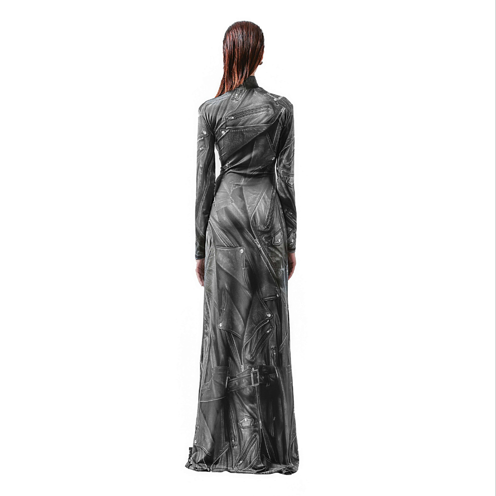 A high-neck, long-sleeved dress made of polyester featuring a form-fitting silhouette.