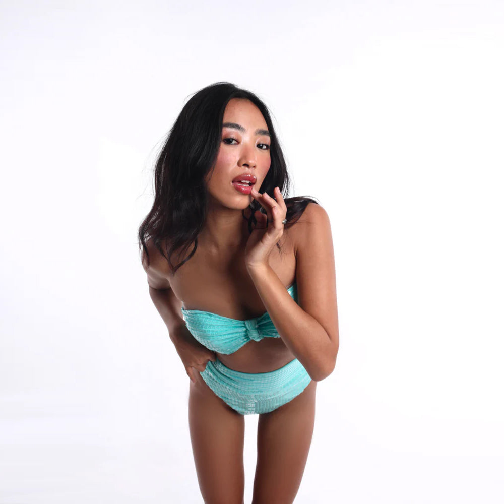 Aqua 3 piece set with sequin bandeau and ruffle overlay, perfect for beachwear. Shop online from our curated edit of premium fashion.