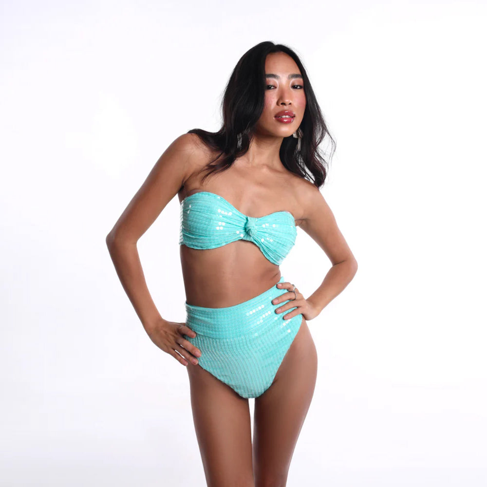 Aqua 3 piece set with sequin bandeau and ruffle overlay, perfect for beachwear. Shop online from our curated edit of premium fashion.