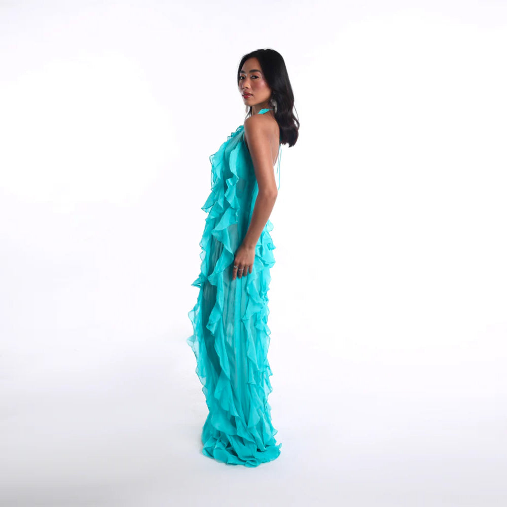Aqua 3 piece set with sequin bandeau and ruffle overlay, perfect for beachwear. Shop online from our curated edit of premium fashion.