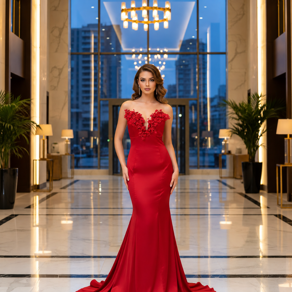 Shop the Firdos vibrant red mermaid gown featuring a strapless floral appliqué bodice and elegant floor-length silhouette. Perfect for special occasions. Shop online from our exclusive website.