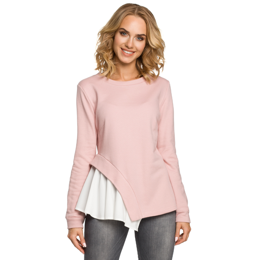 Fitted knit blouse with asymmetric cutout, draped woven side with 3/4 sleeves.