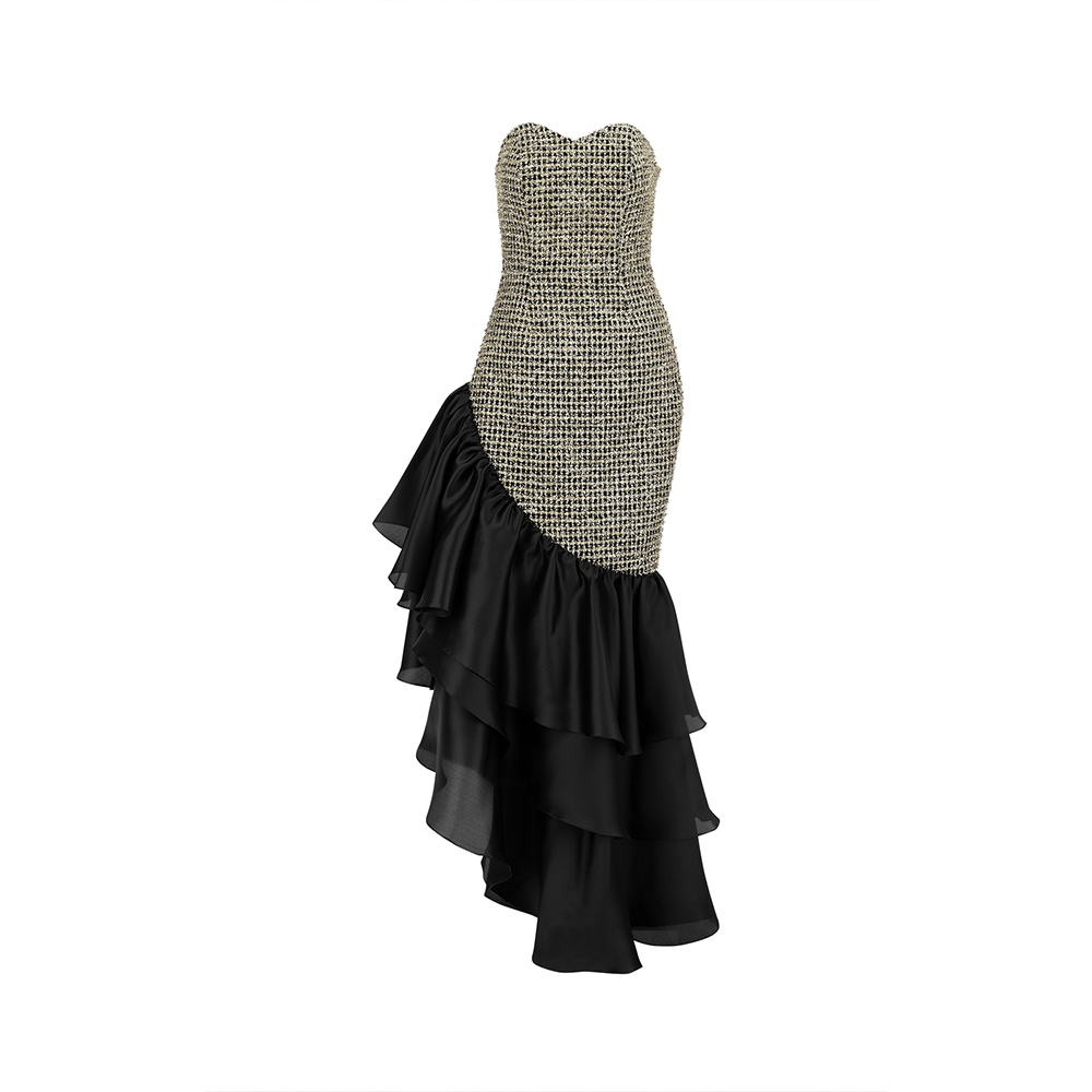 The Luxe Maison presents the Fitted Tweed Cocktail Dress With Pure Silk Organza Layered Frills—perfect for your online shopping experience. Shop Now!