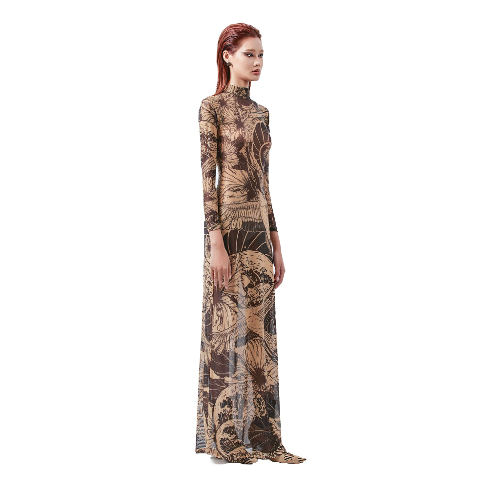 A high-neck, long-sleeved dress made of polyester featuring a form-fitting silhouette. 