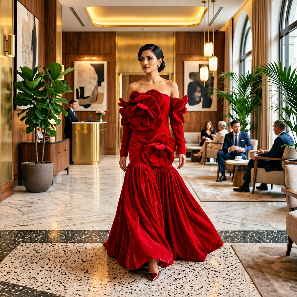 Shop online from our exclusive website. Discover the Flora deep red velvet evening gown featuring an elegant floor-length silhouette, luxurious drape, and timeless sophistication for weddings, galas, and special occasions.
