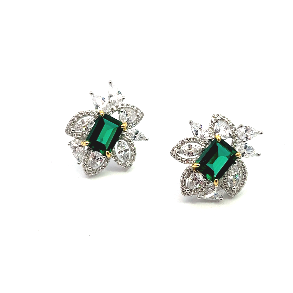 Shop online premium sterling silver square emerald stud earrings with sparkling CZ stones.
