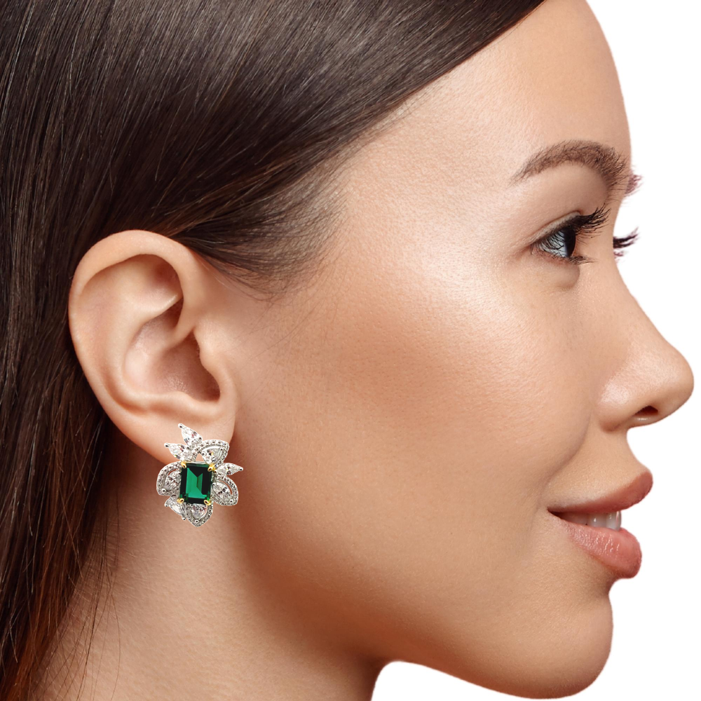 Shop online premium sterling silver square emerald stud earrings with sparkling CZ stones.