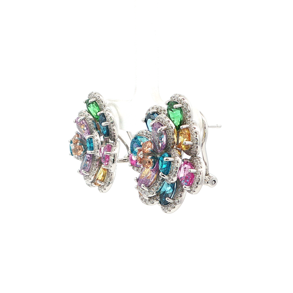 Shop online premium sterling silver floral earrings with pink sapphire and multicolor CZ stones.
