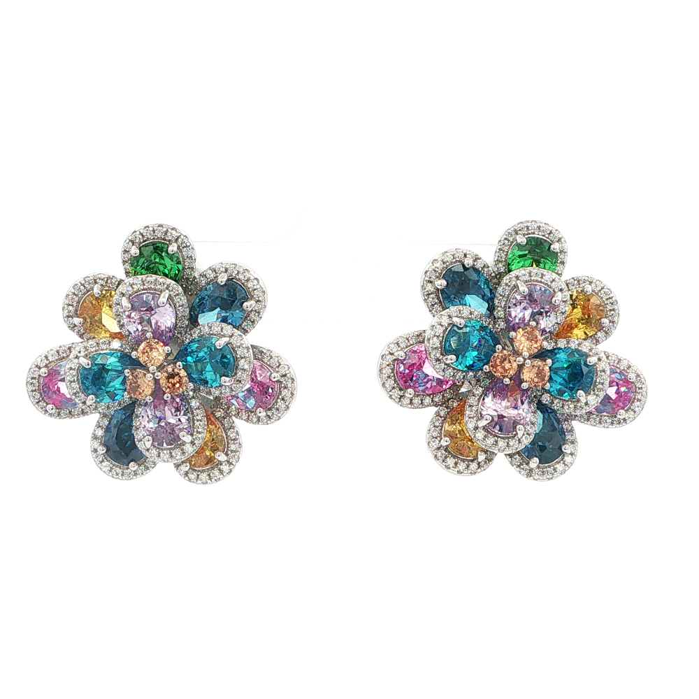 Shop online premium sterling silver floral earrings with pink sapphire and multicolor CZ stones.