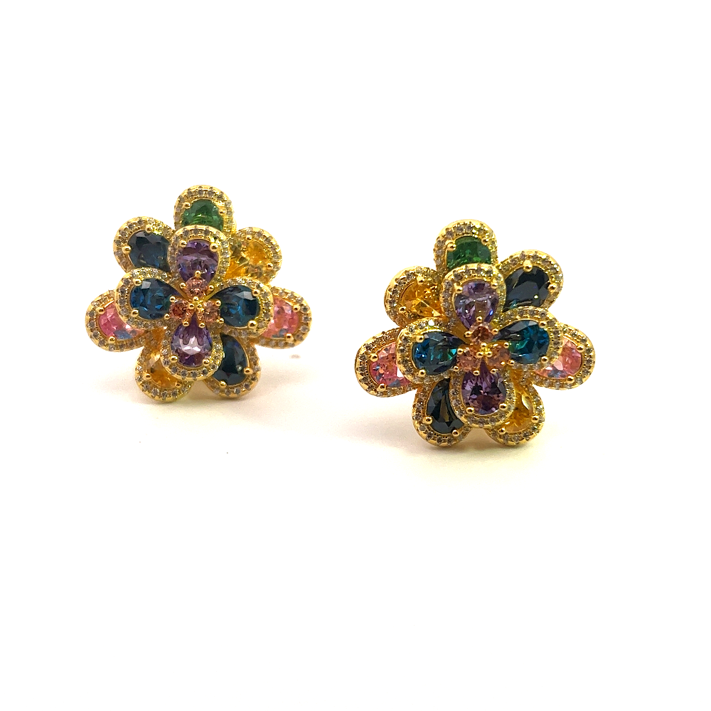Shop online premium 18K gold floral gemstone earrings with sapphire and multicolor CZ stones.