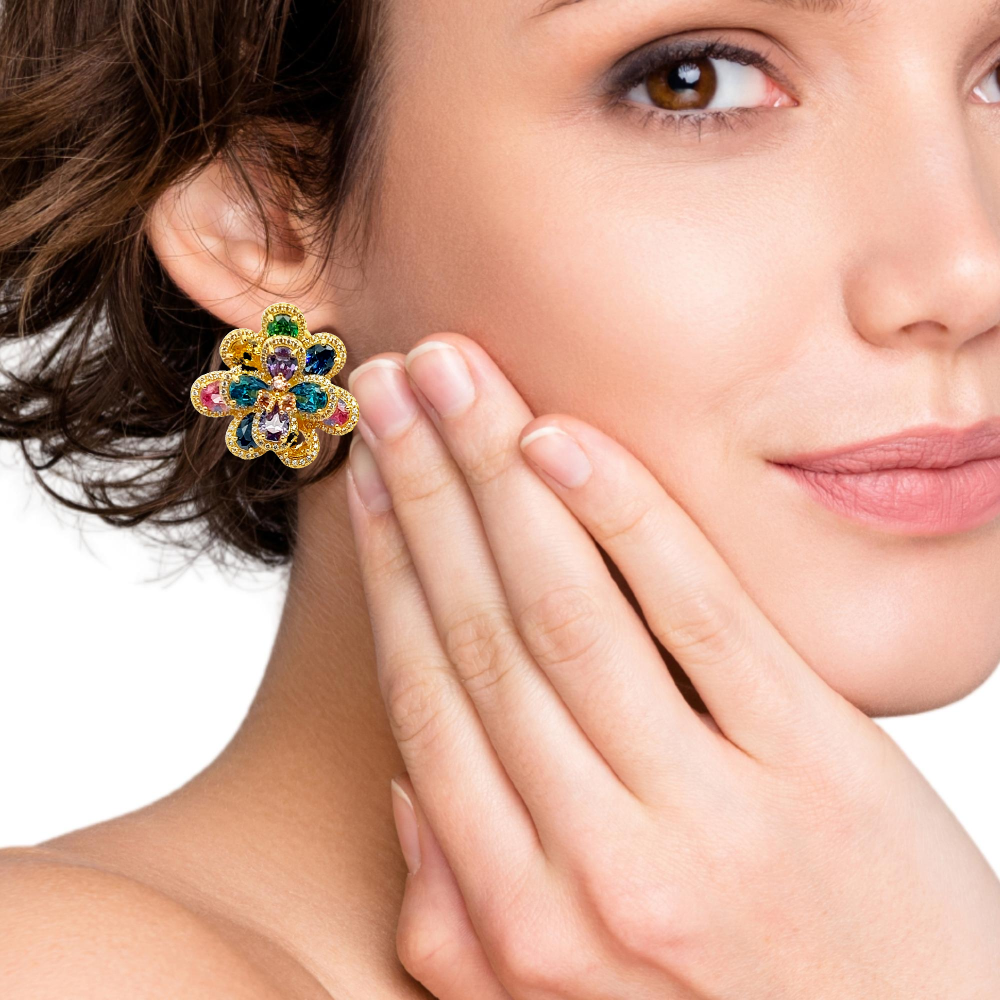 Shop online premium 18K gold floral gemstone earrings with pink sapphire and multicolor CZ stones.