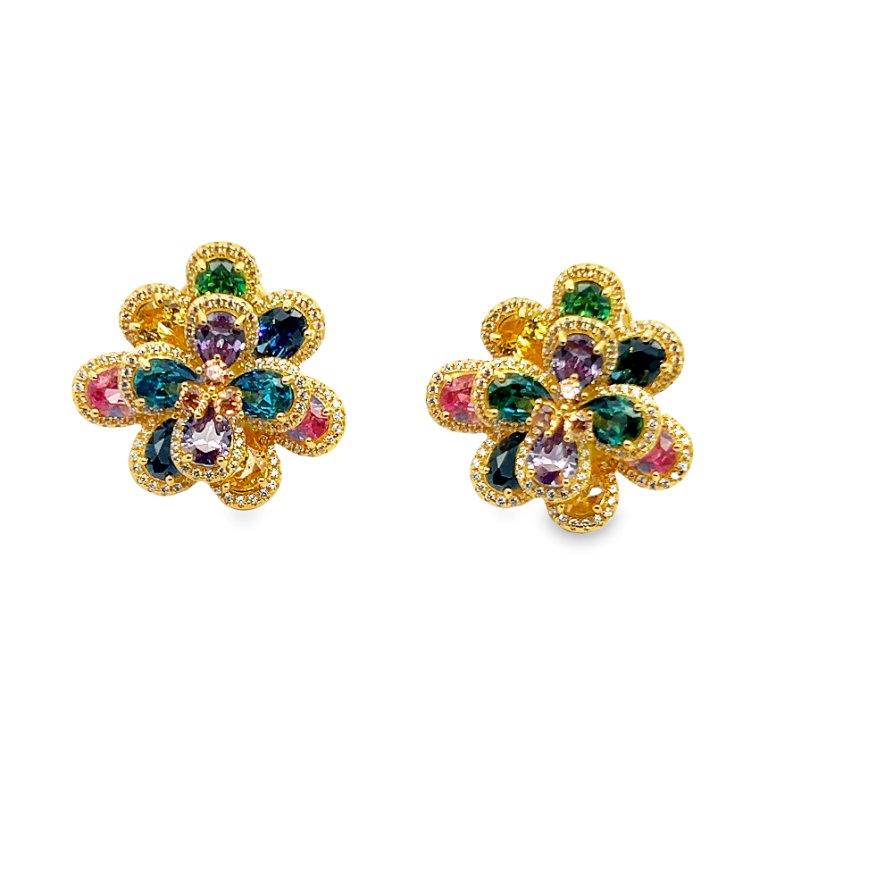 Shop online premium 18K gold floral gemstone earrings with pink sapphire and multicolor CZ stones.