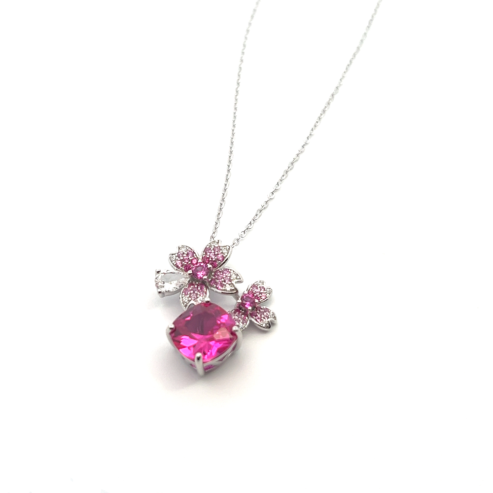 Shop online premium rhodium plated pink sapphire necklace with sparkling cubic zirconia stones.